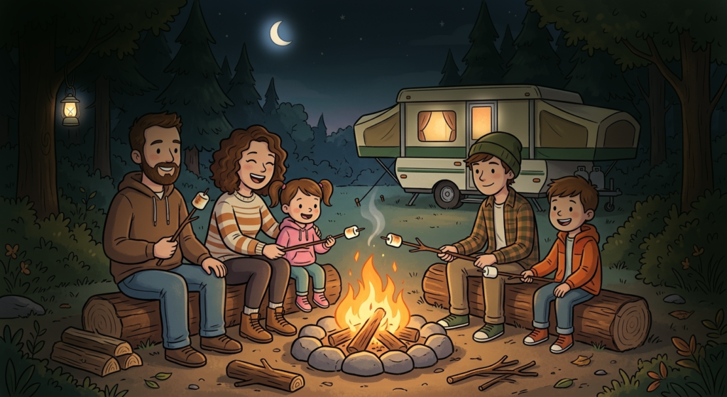 Family camping with pop-up trailer